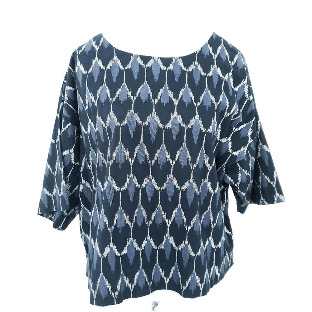 Pure Jill Oversize Blouse Blue Geo Pattern Small Petite Drop Shoulder Top Shirt